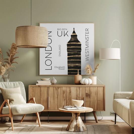 A modern art print in a light wood frame featuring a stylized black and gold silhouette of Big Ben. The image is on a white background with sans-serif text reading 'LONDON' and 'WESTMINSTER' vertically on either side, and 'BIG BEN', 'UK', and 'ENGLAND' centrally. Wall Art