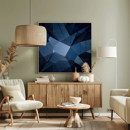 A framed, low-angle photograph looking up towards the sky, surrounded by the reflective blue glass facades of modern buildings which create a kaleidoscopic, geometric pattern. Print
