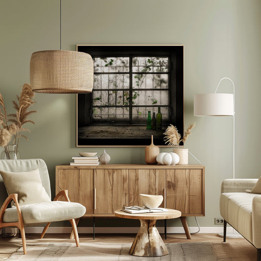 A moody photograph of three dusty green glass bottles sitting on a dirty windowsill in a dark, abandoned room. Behind them, a large, grimy, multi-paned window with wire mesh lets in dim light, revealing the silhouettes of overgrown vines outside. Poster