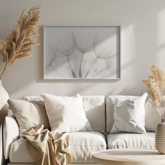 A soft-focus, monochrome macro photograph of several delicate dandelion seeds against a light cream background, presented in a silver frame. Artwork