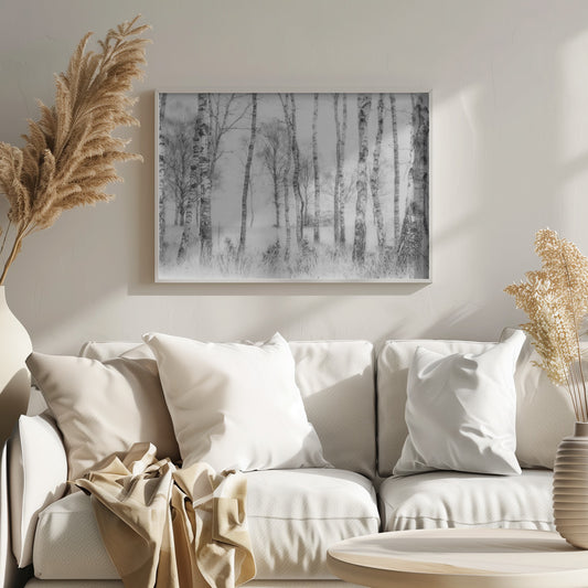 A framed black and white photograph of a misty birch forest. The distinctive white and black trunks of the trees stand in the foreground and recede into a foggy background, with tall, light-colored grass at their base. Decor
