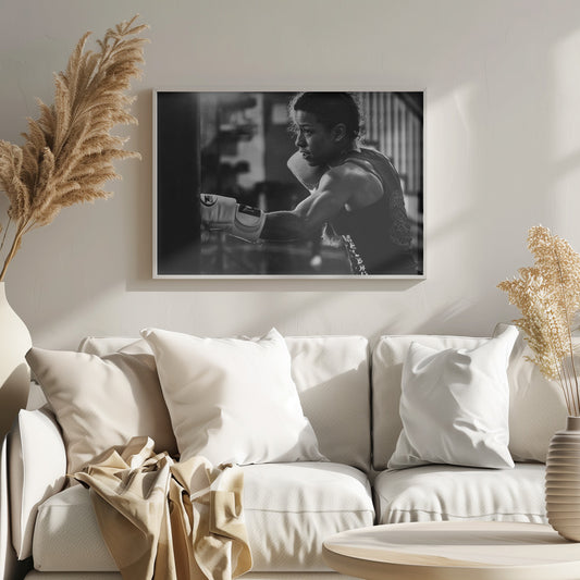 A dramatic black and white photo of a muscular female boxer in profile, intensely focused as she punches a heavy bag, set within a silver frame. Print