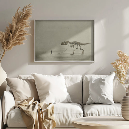A surreal, sepia-toned artwork depicting a small man in a dark coat walking a massive Tyrannosaurus Rex skeleton on a leash against a minimalist, textured beige background, all within a silver frame. Wall Art