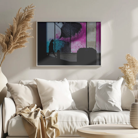 A framed photograph of a street scene where a person's silhouette is captured walking past a large, vibrant window advertisement. The ad features a close-up of a makeup brush with explosions of magenta and cyan powder. The foreground is cast in deep shadow, creating a dramatic contrast. Print