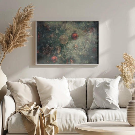 A vintage-style, textured image of Christmas ornaments on a tree, including red and gold baubles and a snowflake. The artwork has a grunge, distressed feel with soft bokeh lights and is presented in a silver frame. Poster