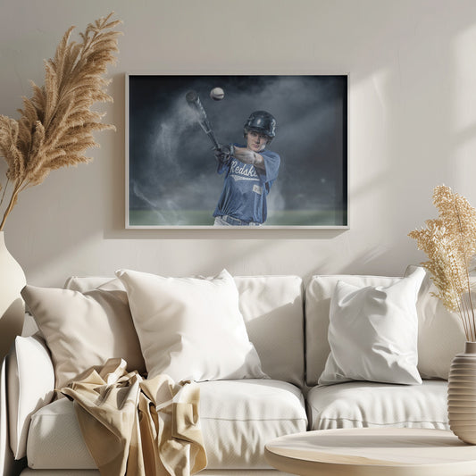 A dramatic, framed portrait of a young baseball player in a blue jersey and helmet, captured in the moment of hitting a baseball, with a cloud of dust exploding from the bat against a dark, smoky background. Poster