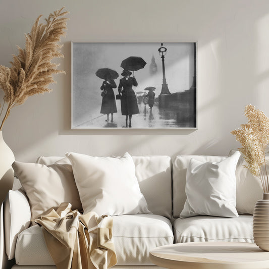 A vintage black and white photograph of people with umbrellas walking on a wet, foggy day in London. The silhouettes of the people are dark against the misty background, where the faint outline of Big Ben and a street lamp are visible. Wall Art