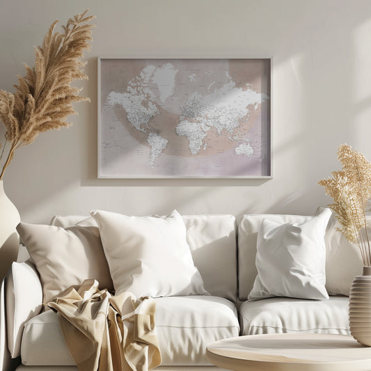 A modern world map in a silver frame, featuring white continents and dusty pink oceans. The map is detailed with black typography for countries, cities, and oceans. Print