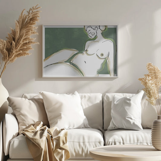 A stylized, abstract line drawing of a nude woman reclining against a solid dark green background. Her body is rendered in shades of white and beige with green shadow accents and is outlined in loose, expressive black ink lines. Her face is in profile with her eyes closed. Poster