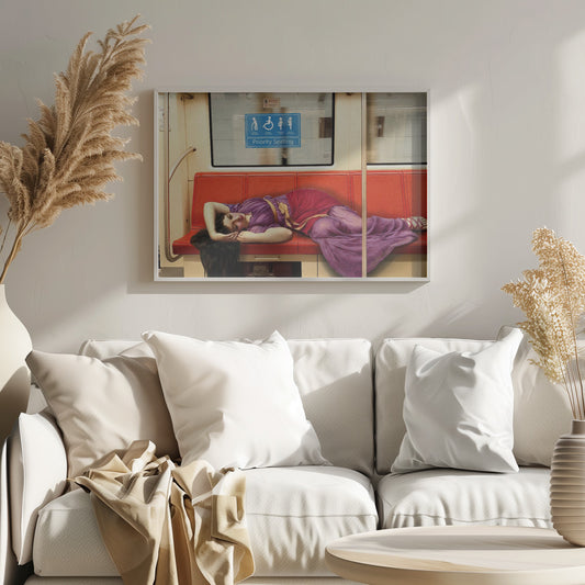A framed surrealist artwork depicting a woman in a classical purple and red toga sleeping across a row of modern red subway seats. Above her on the window is a blue 'Priority Seating' sign, creating a humorous juxtaposition between ancient and modern life. Artwork