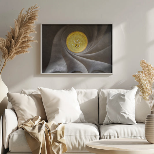 A worm's-eye view of an ornate, golden chandelier set against a swirling, textured dark grey ceiling. The spiraling architectural feature draws the eye to the brightly lit fixture, creating an abstract and dramatic composition. Poster