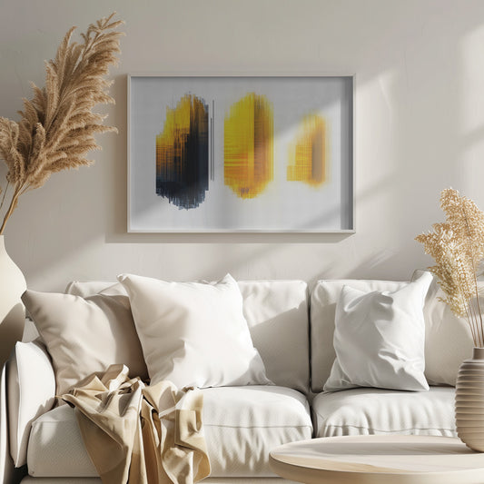 A modern abstract artwork in a silver frame, featuring three vertical formations of lines on a white grid background. The left formation transitions from yellow to black, while the center and right formations are composed of glowing yellow and orange lines, creating a digital, pixelated effect. Poster