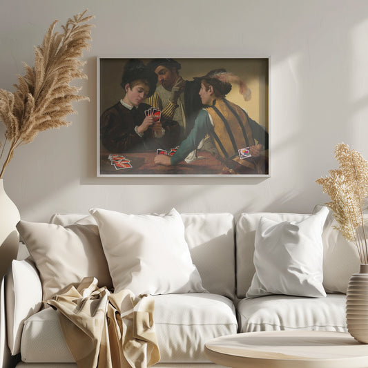 A humorous parody of Caravaggio's classical painting 'The Cardsharps', where the characters are depicted playing the modern card game UNO. An older man cheats by peering at a young player's hand and signaling to his accomplice, who hides a Wild Draw 4 card behind his back. Wall Art