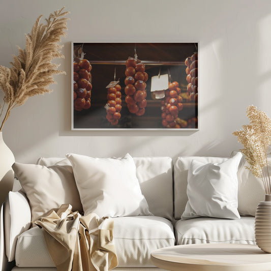 A close-up, warm-toned photograph of several bunches of ripe red tomatoes hanging from hooks in a row, likely at a market or in a pantry. The background is dark and out of focus, highlighting the vibrant produce. Poster