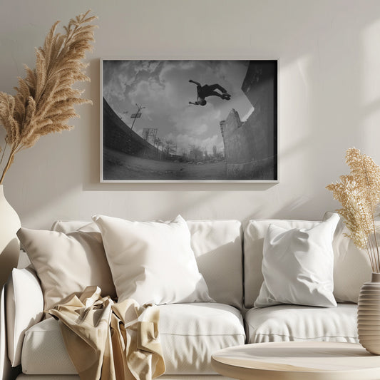 A dynamic black and white fisheye photograph of a person mid-flip, jumping over a crumbling wall in an urban setting under a cloudy sky. The image has a silver-colored frame. Print