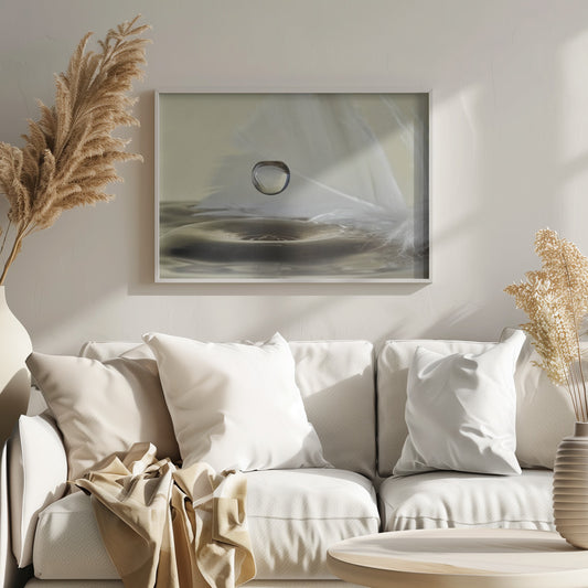 A high-speed macro photograph captures a perfectly spherical water droplet suspended in mid-air above a ripple on the water's surface. A soft white feather lies in the background, creating a serene and delicate composition with a neutral color palette, all enclosed in a brushed silver frame. Wall Art
