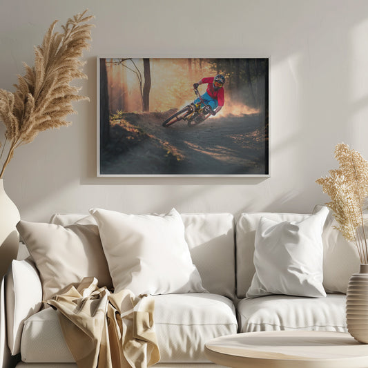 A mountain biker in a red shirt, blue shorts, and full-face helmet leans sharply into a dusty turn on a dirt trail in a forest. The setting sun casts a warm, golden light through the trees, creating a dramatic, backlit effect. Wall Art