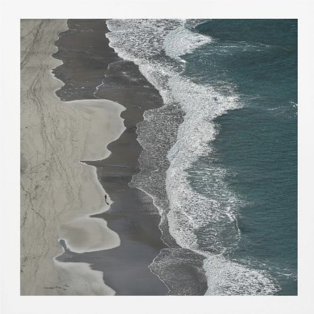An art print depicting dynamic running ocean waves with white foam and shades of blue and aqua water. Decor