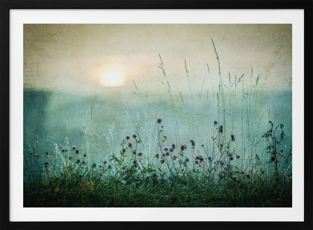 A framed photograph of a misty meadow at sunrise. The soft, pale sun hangs in a hazy, textured sky. In the foreground, tall green grasses and small purple wildflowers are in soft focus, creating a serene and dreamy atmosphere. Decor