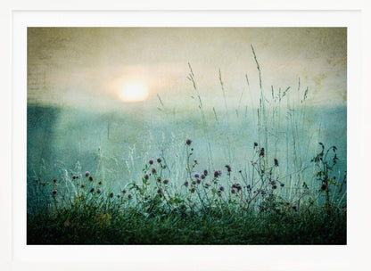 A framed photograph of a misty meadow at sunrise. The soft, pale sun hangs in a hazy, textured sky. In the foreground, tall green grasses and small purple wildflowers are in soft focus, creating a serene and dreamy atmosphere. Decor