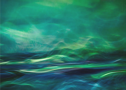 A framed abstract artwork featuring a luminous, dreamlike landscape of swirling green and blue light. The top half glows with a vibrant green haze like the northern lights, while the bottom half depicts dark blue and green waves with bright, energetic highlights, creating a sense of mystical water and sky. Wall Art