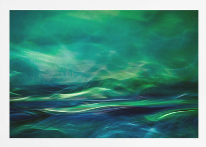 A framed abstract artwork featuring a luminous, dreamlike landscape of swirling green and blue light. The top half glows with a vibrant green haze like the northern lights, while the bottom half depicts dark blue and green waves with bright, energetic highlights, creating a sense of mystical water and sky. Wall Art
