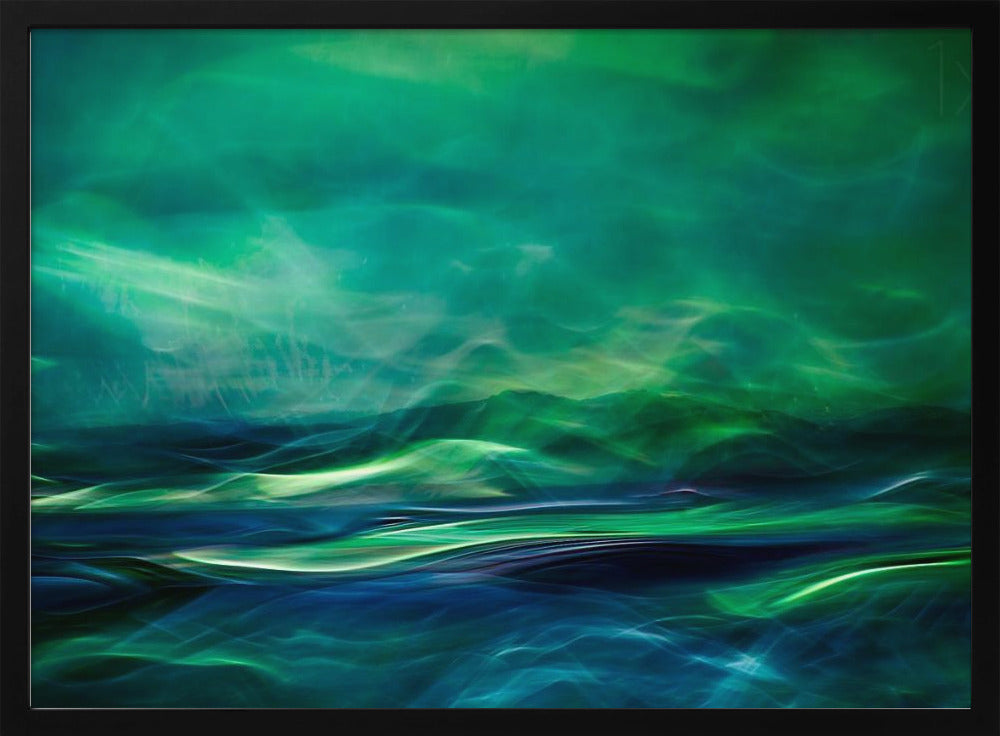 A framed abstract artwork featuring a luminous, dreamlike landscape of swirling green and blue light. The top half glows with a vibrant green haze like the northern lights, while the bottom half depicts dark blue and green waves with bright, energetic highlights, creating a sense of mystical water and sky. Wall Art