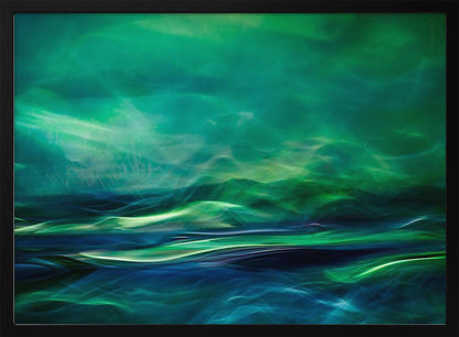 A framed abstract artwork featuring a luminous, dreamlike landscape of swirling green and blue light. The top half glows with a vibrant green haze like the northern lights, while the bottom half depicts dark blue and green waves with bright, energetic highlights, creating a sense of mystical water and sky. Wall Art