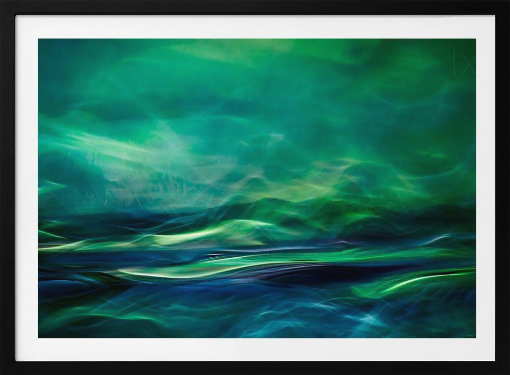 A framed abstract artwork featuring a luminous, dreamlike landscape of swirling green and blue light. The top half glows with a vibrant green haze like the northern lights, while the bottom half depicts dark blue and green waves with bright, energetic highlights, creating a sense of mystical water and sky. Wall Art