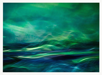 A framed abstract artwork featuring a luminous, dreamlike landscape of swirling green and blue light. The top half glows with a vibrant green haze like the northern lights, while the bottom half depicts dark blue and green waves with bright, energetic highlights, creating a sense of mystical water and sky. Wall Art