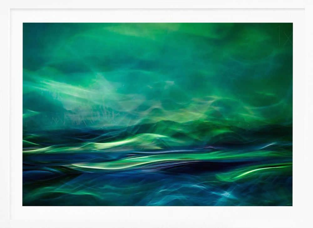 A framed abstract artwork featuring a luminous, dreamlike landscape of swirling green and blue light. The top half glows with a vibrant green haze like the northern lights, while the bottom half depicts dark blue and green waves with bright, energetic highlights, creating a sense of mystical water and sky. Wall Art