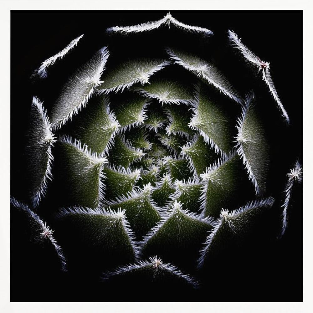 A dramatic, top-down macro photograph of a spiral succulent against a solid black background. The dark green, triangular leaves are outlined with a fine, white, fuzzy fringe, creating a mesmerizing geometric pattern that draws the eye to the center. The image is presented within a light wood frame. Decor