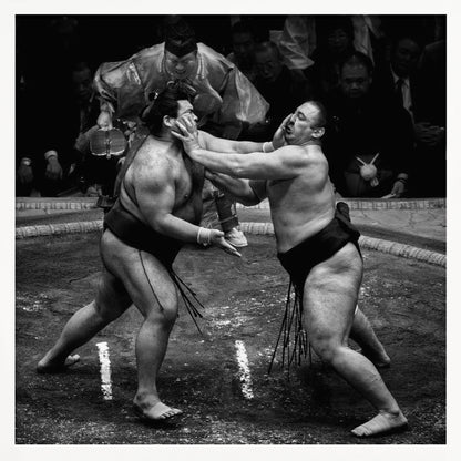 A dynamic black and white action photograph of a sumo wrestling match. Two large wrestlers are in the middle of a clay ring, one pushing forcefully against the other's face. A referee in traditional robes stands behind them, and spectators watch from the background. The entire scene is captured within a light wood frame. Artwork