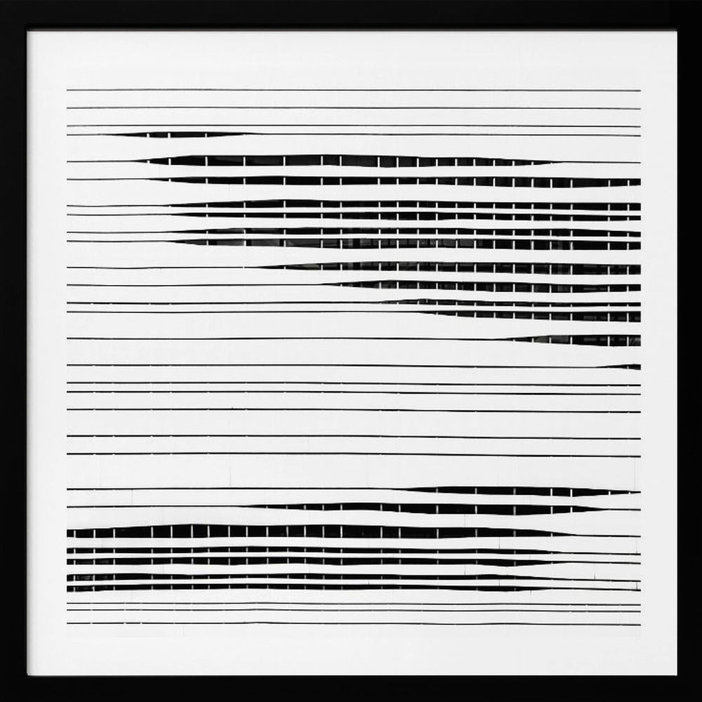 A framed abstract artwork featuring black horizontal lines on a white background. The lines vary in thickness and some sections are broken by vertical white spaces, creating a rhythmic and textured pattern. The piece is enclosed in a simple, light-colored wood frame. Poster