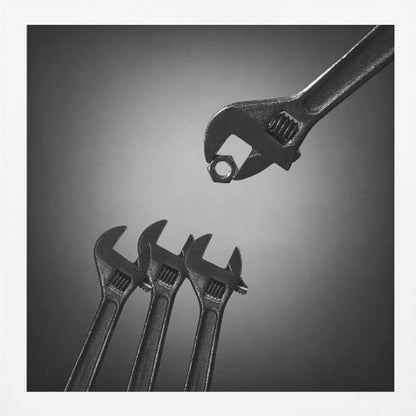 A conceptual black and white photograph in a light wood frame, depicting a large adjustable wrench holding a small nut above three smaller wrenches, which are angled upwards as if they were baby birds waiting to be fed. Print