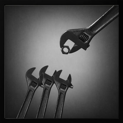 A conceptual black and white photograph in a light wood frame, depicting a large adjustable wrench holding a small nut above three smaller wrenches, which are angled upwards as if they were baby birds waiting to be fed. Print