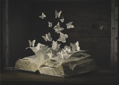 A conceptual artwork depicting an open vintage book on a dark wooden table. Dozens of butterflies, crafted from the book's own printed pages, are emerging and flying upwards as if the story is coming to life against a dark, rustic background. Artwork