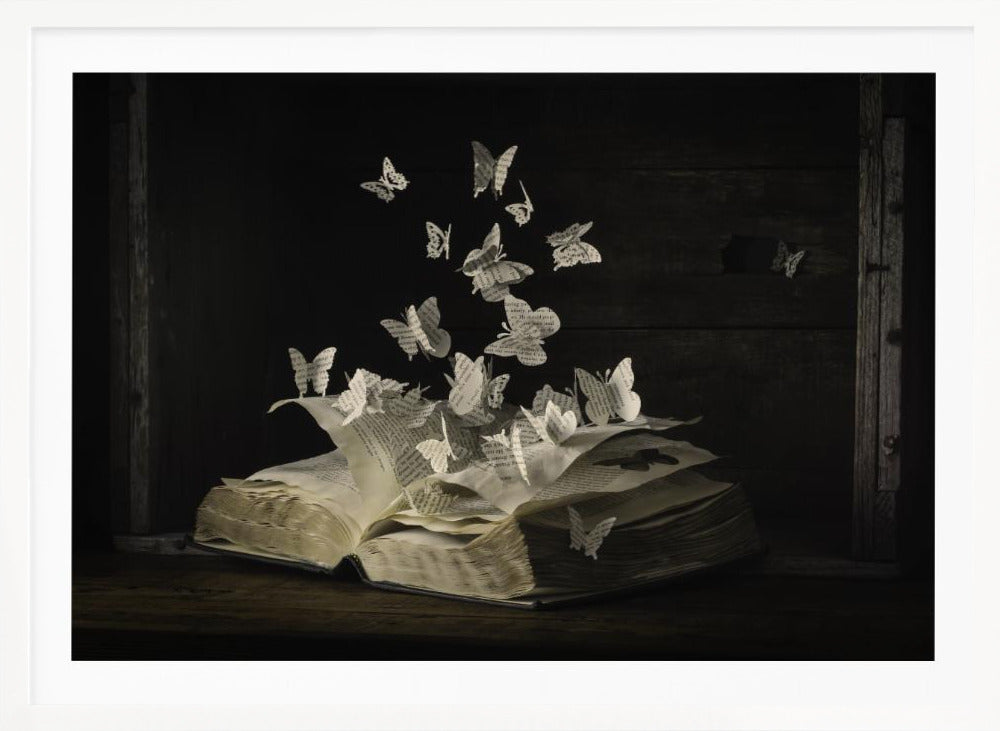 A conceptual artwork depicting an open vintage book on a dark wooden table. Dozens of butterflies, crafted from the book's own printed pages, are emerging and flying upwards as if the story is coming to life against a dark, rustic background. Artwork