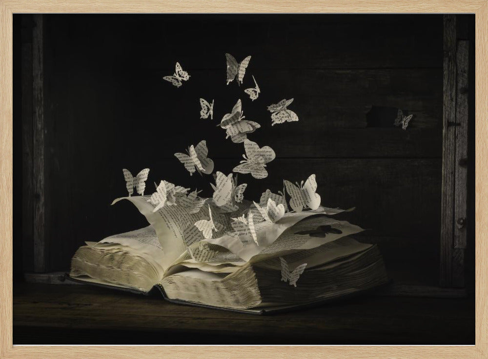 A conceptual artwork depicting an open vintage book on a dark wooden table. Dozens of butterflies, crafted from the book's own printed pages, are emerging and flying upwards as if the story is coming to life against a dark, rustic background. Artwork
