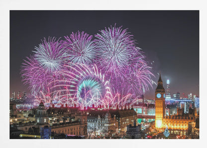 A vibrant night-time cityscape of London featuring a massive fireworks display in purple, pink, and white exploding over landmarks like the London Eye and the illuminated Big Ben clock tower, all within a silver frame. Decor