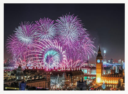 A vibrant night-time cityscape of London featuring a massive fireworks display in purple, pink, and white exploding over landmarks like the London Eye and the illuminated Big Ben clock tower, all within a silver frame. Decor
