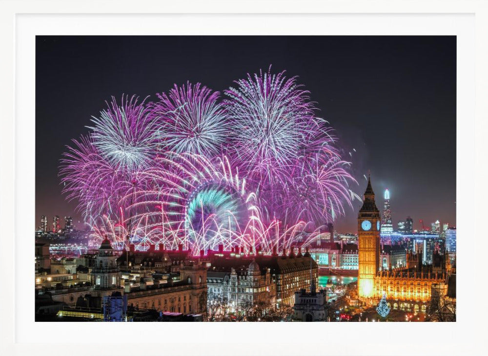 A vibrant night-time cityscape of London featuring a massive fireworks display in purple, pink, and white exploding over landmarks like the London Eye and the illuminated Big Ben clock tower, all within a silver frame. Decor