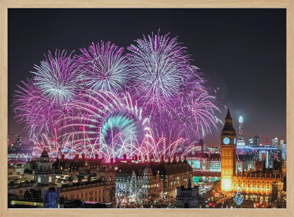 A vibrant night-time cityscape of London featuring a massive fireworks display in purple, pink, and white exploding over landmarks like the London Eye and the illuminated Big Ben clock tower, all within a silver frame. Decor