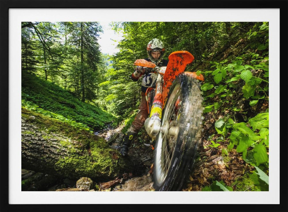 A motocross rider on an orange dirt bike tackles a muddy, wooded trail, maneuvering around a moss-covered log in a lush green forest, seen from a low-angle perspective. Decor