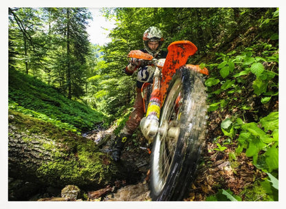 A motocross rider on an orange dirt bike tackles a muddy, wooded trail, maneuvering around a moss-covered log in a lush green forest, seen from a low-angle perspective. Decor