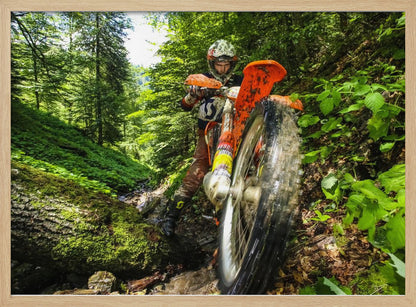 A motocross rider on an orange dirt bike tackles a muddy, wooded trail, maneuvering around a moss-covered log in a lush green forest, seen from a low-angle perspective. Decor
