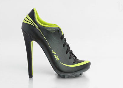 A conceptual piece of digital art featuring a hybrid shoe that is part black soccer cleat and part stiletto high heel. The shoe has neon lime green accents and is displayed against a stark white background inside a silver frame. Decor