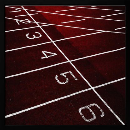 A framed, high-angle photograph of a deep red running track, showing the white lines and numbers for lanes one through six creating a grid-like pattern. Poster