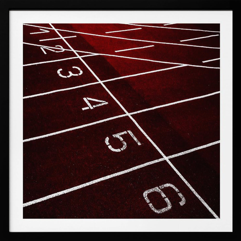A framed, high-angle photograph of a deep red running track, showing the white lines and numbers for lanes one through six creating a grid-like pattern. Poster
