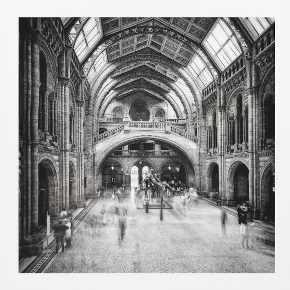 A black and white long exposure photograph of the grand hall of a natural history museum. The ornate, high-arched Romanesque architecture is in sharp focus, while a dinosaur skeleton stands in the center. Crowds of people are blurred into ghostly apparitions as they move through the vast space. Print